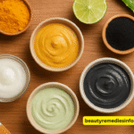 A variety of natural face masks in bowls with ingredients like turmeric, charcoal, and aloe vera on a wooden background