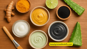 A variety of natural face masks in bowls with ingredients like turmeric, charcoal, and aloe vera on a wooden background
